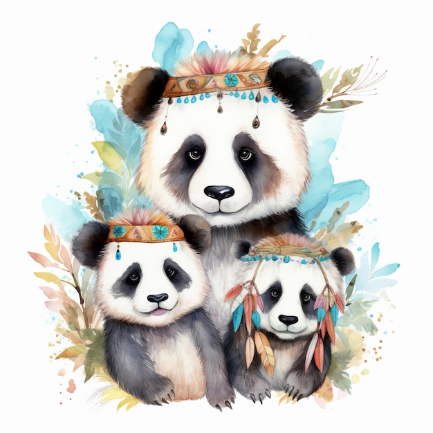 Niedliche Aquarell-Panda-Familie Illustration AI GenerativexA