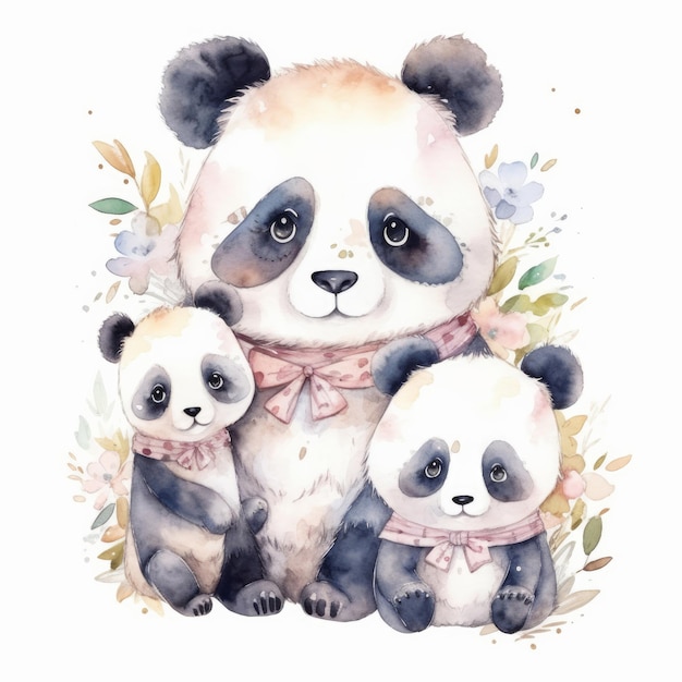 Niedliche Aquarell-Panda-Familie Illustration AI GenerativexA