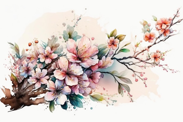 Niedliche Aquarell-Sakura-Blumenillustration AI GenerativexA