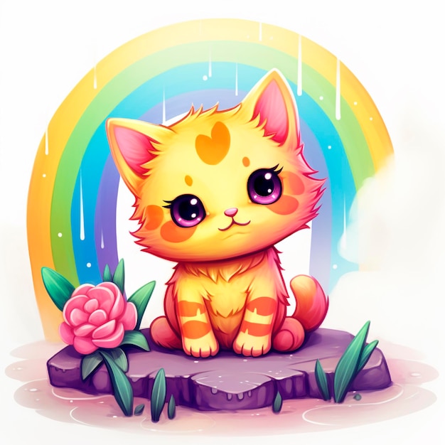 Niedliche Aquarellkatze mit Regenbogen