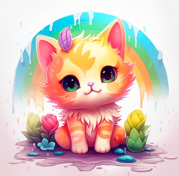 Niedliche Aquarellkatze mit Regenbogen