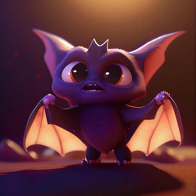 Niedliche Babyfledermaus mit großen Augen 3D-Rendering-Cartoon-Illustration