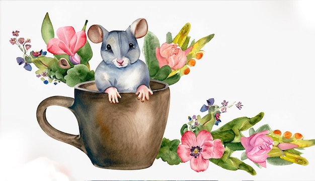 Niedliche Babymaus in einer Tasse Blumen, gemalt in Aquarell auf weißem, isoliertem Hintergrund