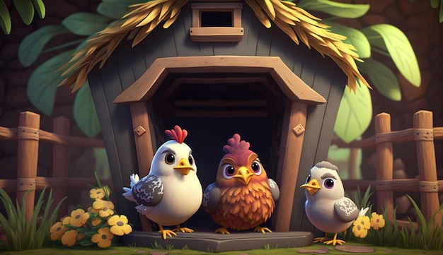Niedliche Cartoon-Hühner in einem Hühnerstall mit generativer KI