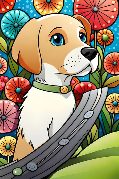 Niedliche Cartoon-Hundefiguren mit Blumenhintergrund, generative KI