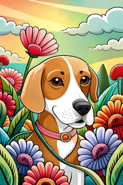 Niedliche Cartoon-Hundefiguren mit Blumenhintergrund, generative KI