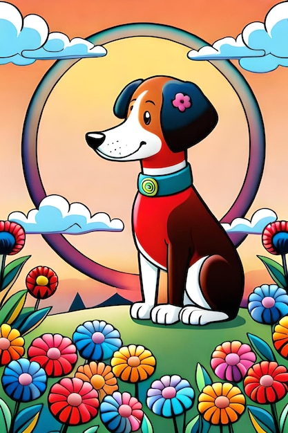 Niedliche Cartoon-Hundefiguren mit Blumenhintergrund, generative KI