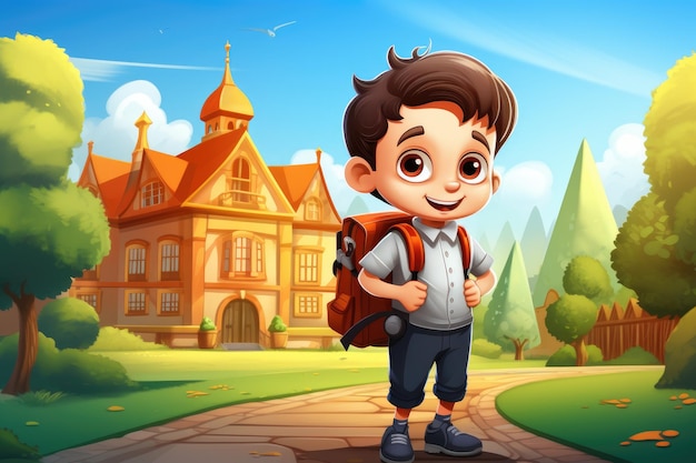 Niedliche Cartoon-Schülerfigur, die wieder zur Schule geht, generiert von KI