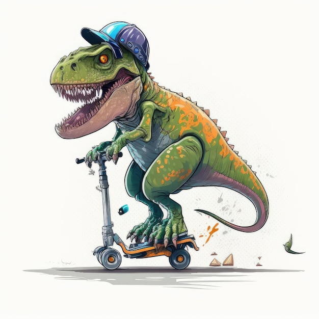 Niedliche Dinosaurier, die Skateboard oder Roller befreien, isolierten weißen Hintergrund