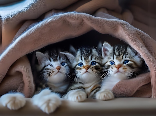 Niedliche, entzückende Kätzchen kuscheln sich in einer gemütlichen Deckenfestung zusammen