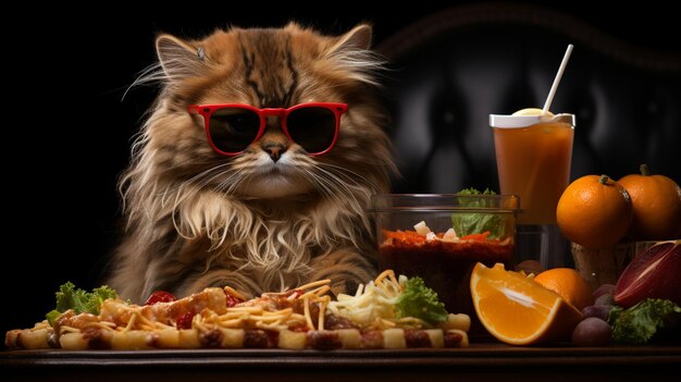 Niedliche flauschige Katze mit Sonnenbrille in der Nähe eines Burgers auf dunklem Hintergrund. Generative KI