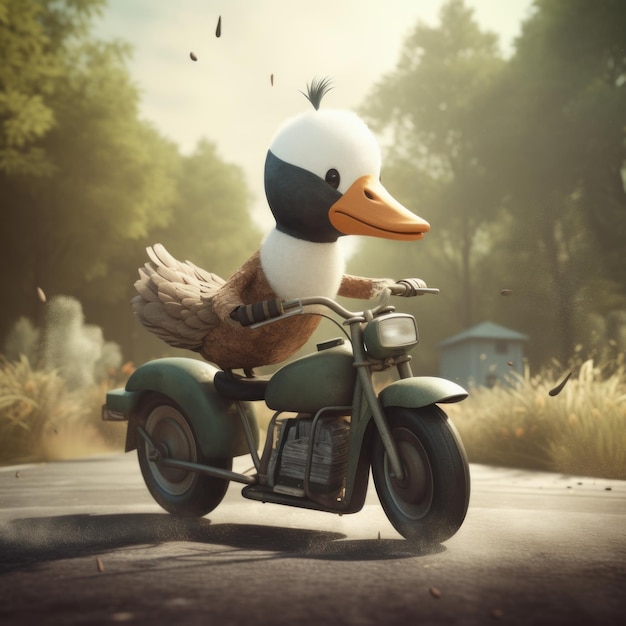 Niedliche Gans, die auf einem Motorrad fährt