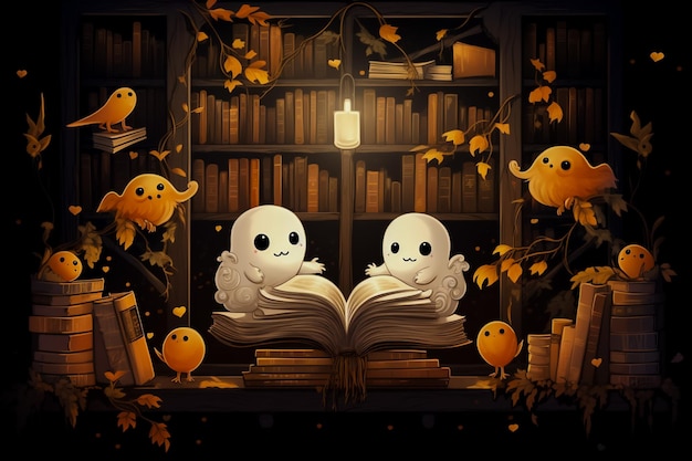 Foto niedliche geister, die bücher in einer bibliothek lesen, halloween oder tag der toten, konzept, das von ai generiert wurde