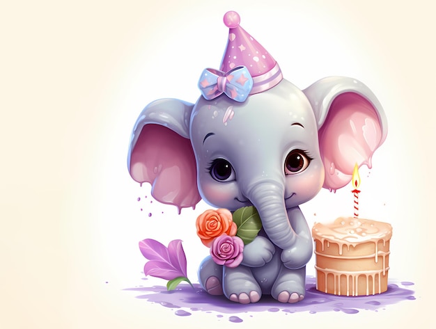 Niedliche gezeichnete Figur eines Katzen-Elefant-Igels mit Geburtstagsmütze und Kuchenballons und Flaggengenerator