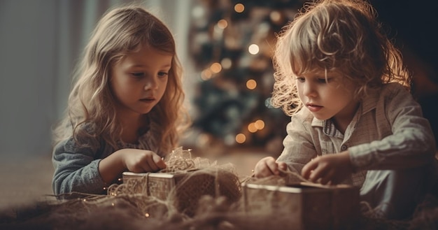 Niedliche, glückliche, aufgeregte Kinder, Junge und Mädchen, die Weihnachtsgeschenkschachtel in einem schönen Zimmer auspacken