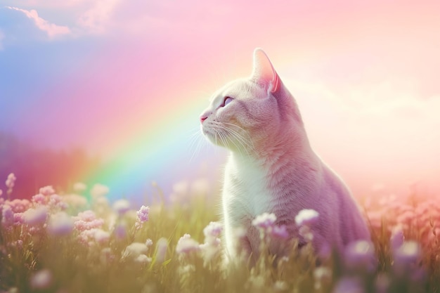 Niedliche Hauskatze geht zur Regenbogen-Metapher für den Aufbruch des Haustiers ins Jenseits. Generative KI-Illustration