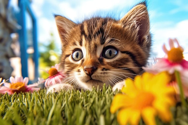 Niedliche Haustierkatze auf der Wiese im Freien