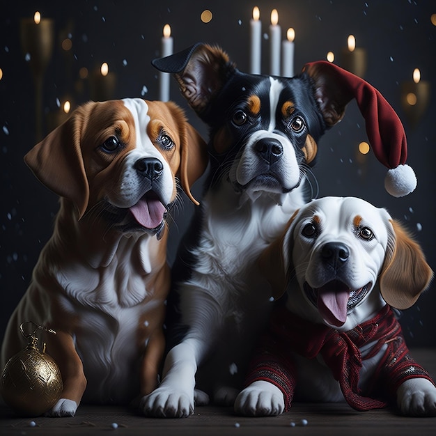 Niedliche Hunde feiern frohe Weihnachten. Hintergrundhunde zu Weihnachten