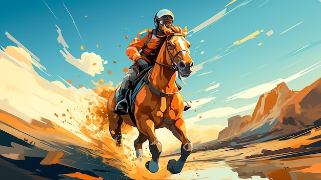 Niedliche Jockey-Charaktere reiten auf seinem Pferd im minimalistischen KI-Stil