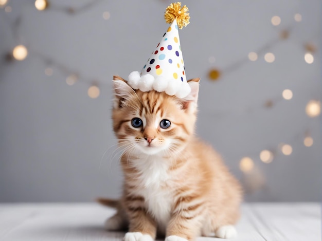 Niedliche Kätzchenkatze mit Geburtstagshut auf weißem Hintergrund