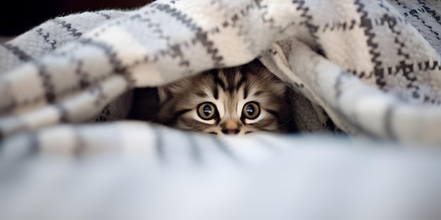 Niedliche Kätzchenkatze, versteckt unter der von der KI erzeugten Decke