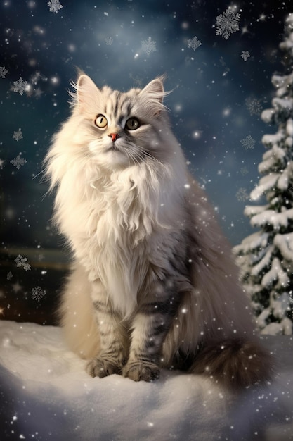 Niedliche Katze auf weihnachtlichem Hintergrund