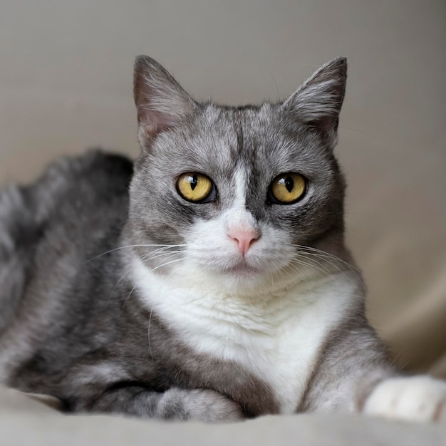 Niedliche Katze blickt aufmerksam in die Linse der Fotokamera