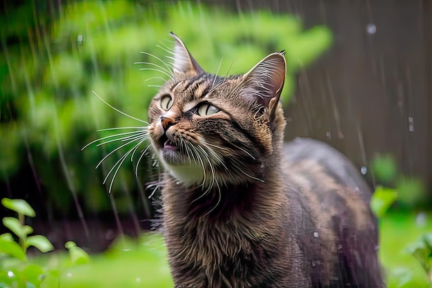 Foto niedliche katze, die im frühling regnet, erzeugte ki