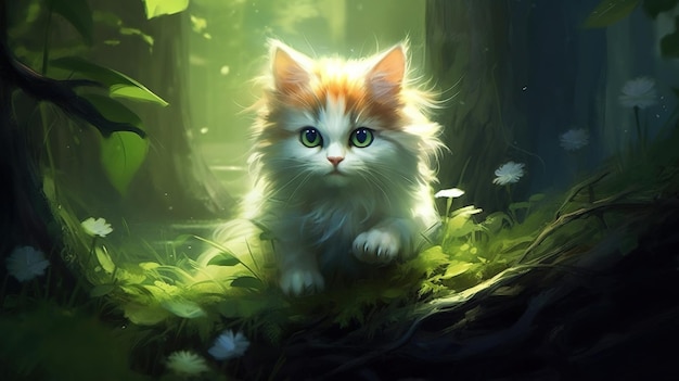 Niedliche Katze im Wald Fantasy-Konzept Illustrationsmalerei