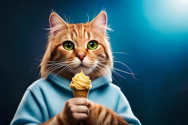 Niedliche Katze mit Eis auf blauem Hintergrund