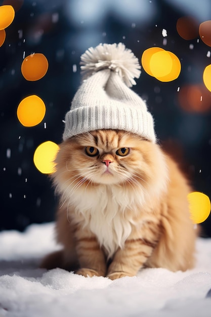 Niedliche Katze mit Hut auf weihnachtlichem Hintergrund