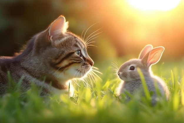 niedliche Katze mit niedlichem Kaninchen spielt auf dem grünen Gras des Gartens mit verschwommenem Hintergrund und Sonnenlicht generative ai