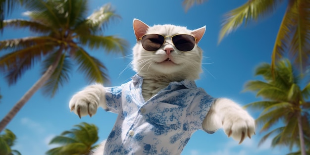 Niedliche Katze mit Sonnenbrille reaxiert auf tropischem Strand und blauem Himmel im Hintergrund. Generative KI