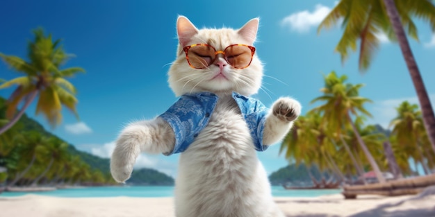 Niedliche Katze mit Sonnenbrille reaxiert auf tropischem Strand und blauem Himmel im Hintergrund. Generative KI