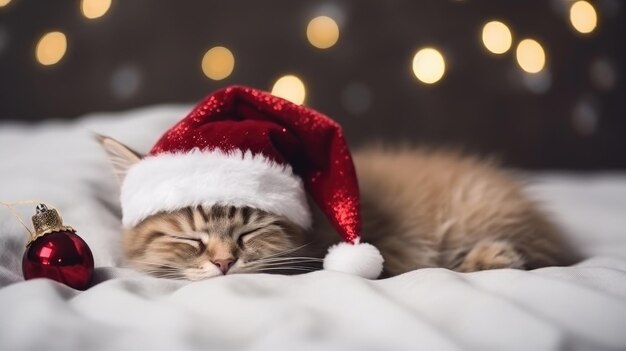 Niedliche Katze schläft in Weihnachtsmütze auf dem Bett mit Bokeh-Hintergrund