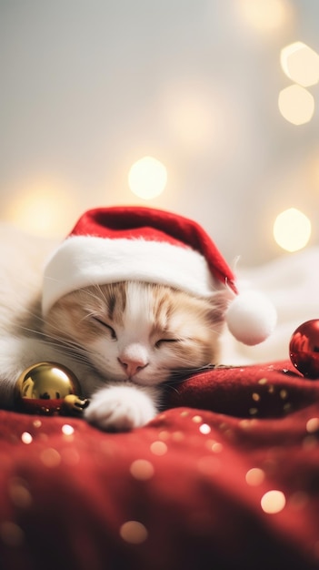 Niedliche Katze schläft in Weihnachtsmütze auf dem Bett mit Bokeh-Hintergrund