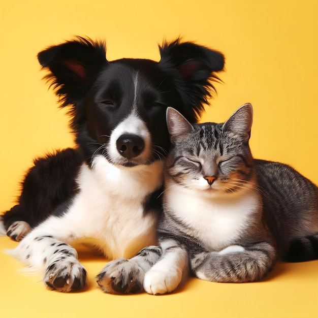 Niedliche Katze und Hund auf gelbem Hintergrund