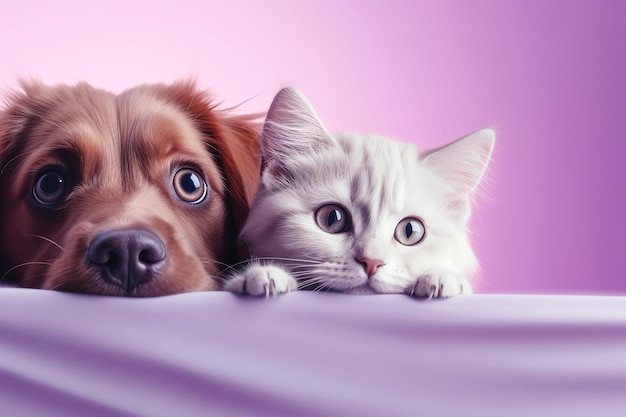 Niedliche Katze und Hund liegen auf einem lila Hintergrund, Studioaufnahme