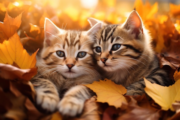 Niedliche Katzen im Herbstlaub