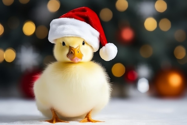 Niedliche kleine festliche Ente, die eine Weihnachtsmannmütze trägt