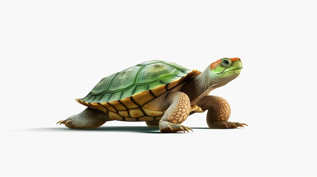 Niedliche kleine grüne Schildkröte Seitenansicht einfacher weißer Hintergrund Generative KI