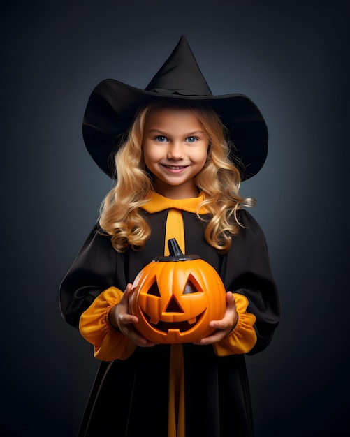 Niedliche kleine Hexe hält Kürbislaterne bei Halloween-Feier isoliert auf dunklem Hintergrund