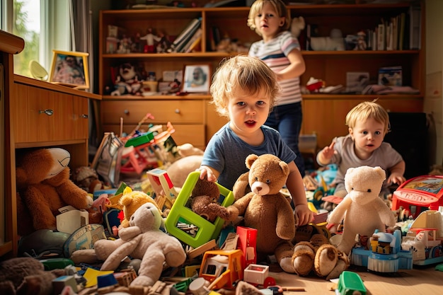 Niedliche kleine Kinder beschäftigen sich glücklich mit einer Fülle von Spielsachen in ihrem überfüllten Spielzimmer. Das Haus ist u