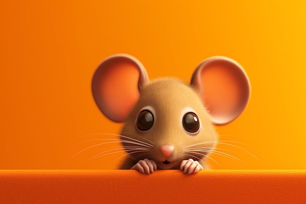 Niedliche kleine Maus auf orangefarbenem Hintergrund, Nahaufnahme, generative KI