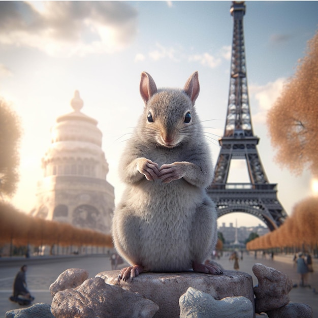 Niedliche kleine Maus mit Eiffelturm in Paris, Frankreich