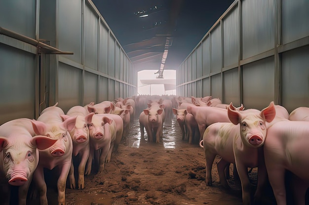 Niedliche kleine Schweine in der Schweinefarm. KI-Technologie erzeugtes Bild