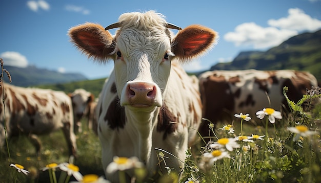 Niedliche Kuh, die auf der grünen Wiese weidet, wartet auf frische Milch, die von künstlicher Intelligenz erzeugt wird