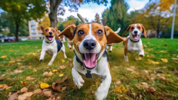Niedliche, lustige Beagle-Hundegruppe, die im Herbst auf grünem Gras im Park läuft und spielt. Generative KI
