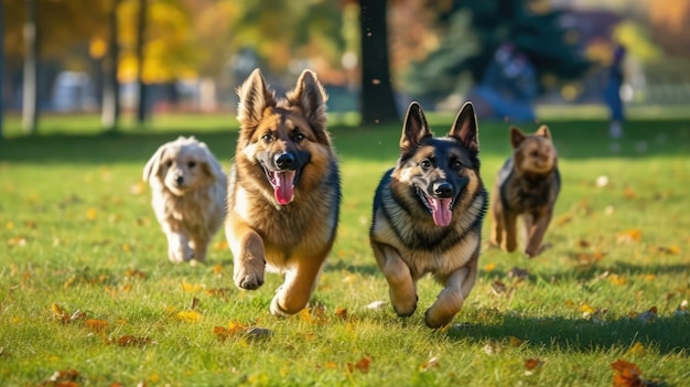 Niedliche, lustige Deutsche Schäferhundgruppe, die im Herbst im Park läuft. Generative KI