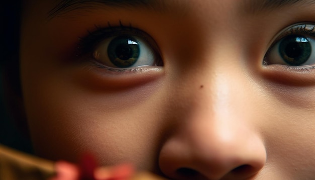 Niedliche Mädchen starren mit fröhlichen Augen auf ein von KI erzeugtes Porträt kindlicher Unschuld